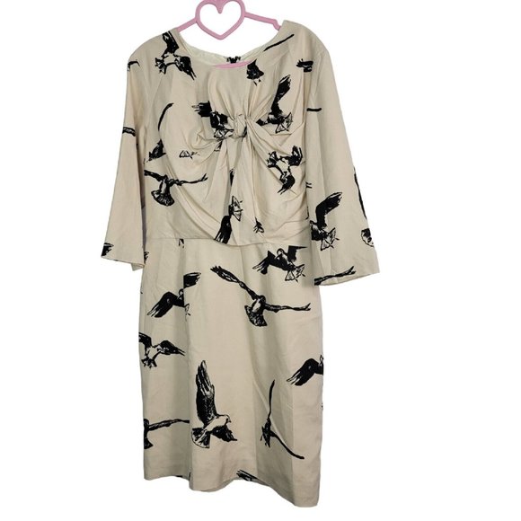 WHIT Printed Silk Shift Twist Front Bird Quirky White Dress Women Size 6 - Picture 1 of 8